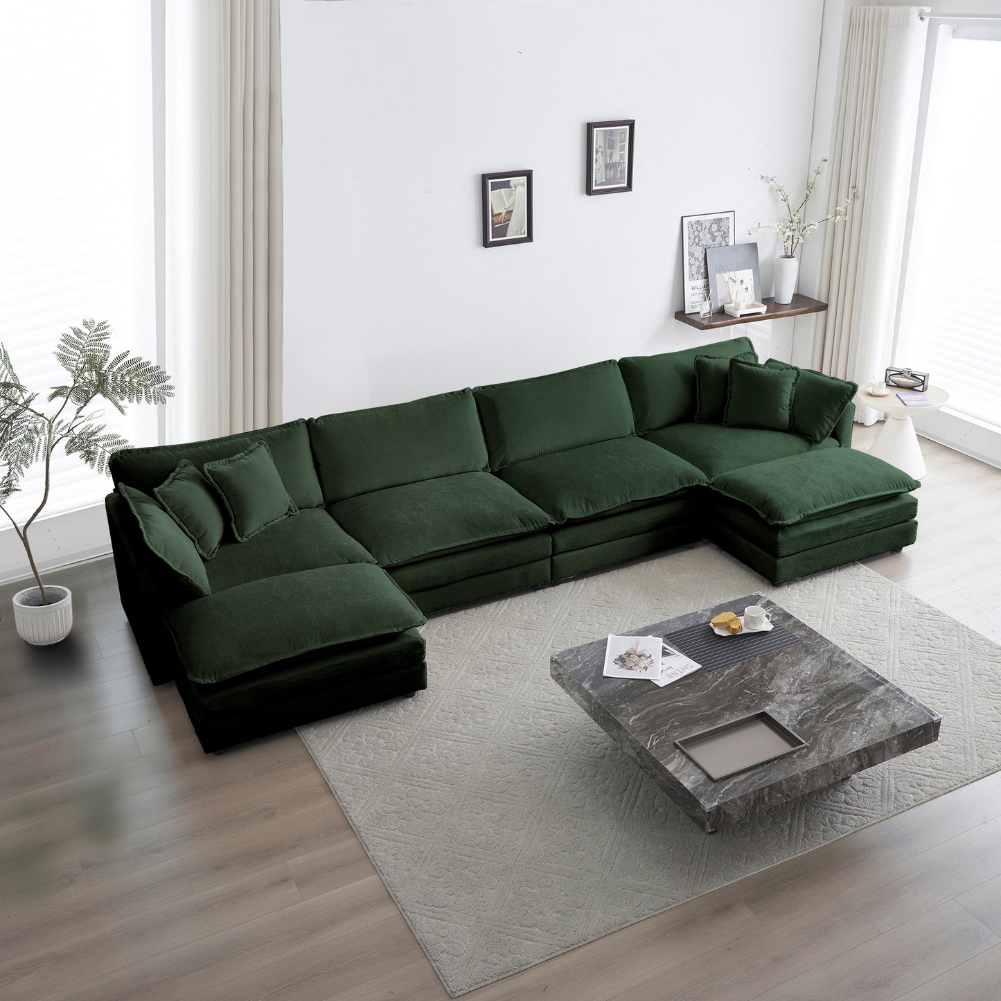 Comfort U Shaped Couch With Reversible Chaise, Modular Large U-Shape Sectional Sofa, Double Extra Ottomans,Green Chenille