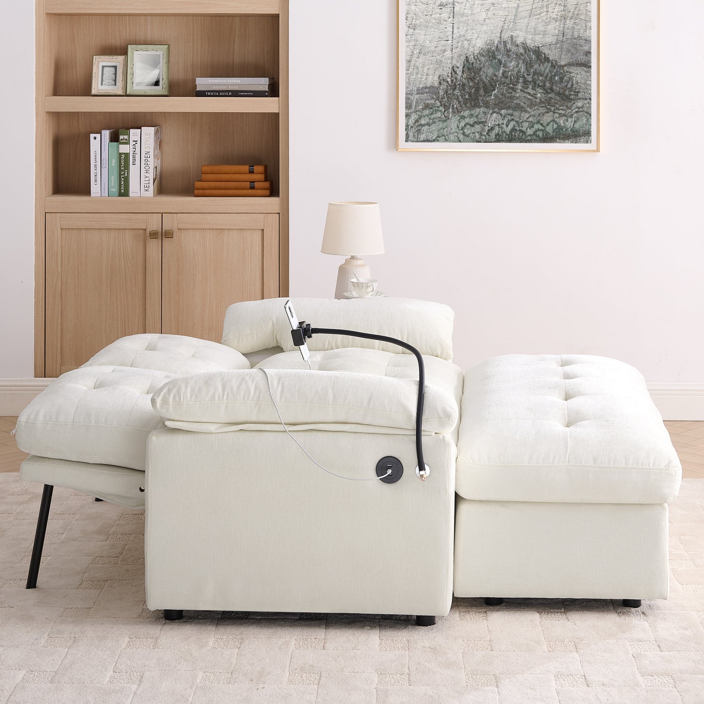 Leisure Sofa Chair,Double Sofa Recliner, With Manually Adjustable Backrest, Soft Padded Armrests, Side USB Charging Port And Phone Stand, Comes With A Matching Storage Ottoman-Beige