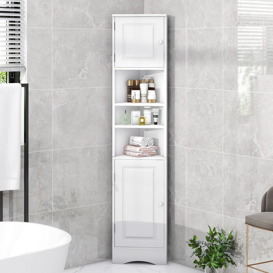 Multi-Functional Corner Cabinet Tall Bathroom Storage Cabinet With Two Doors And Adjustable Shelves, Open Shelf, White Old