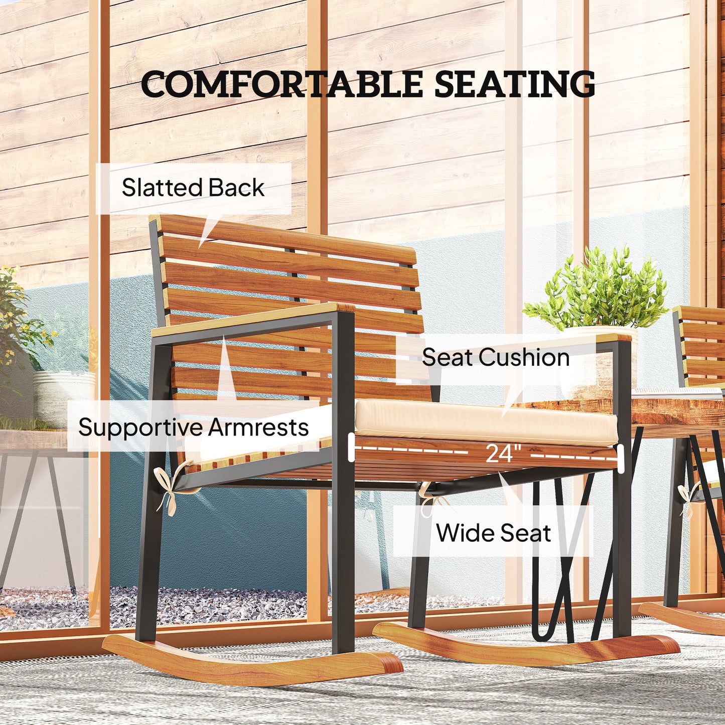Acacia Wood Outdoor Lawn Rocking Chair Set Of 2, Outdoor Patio Rocking Chairs With Armrests, Cushion, Cream White