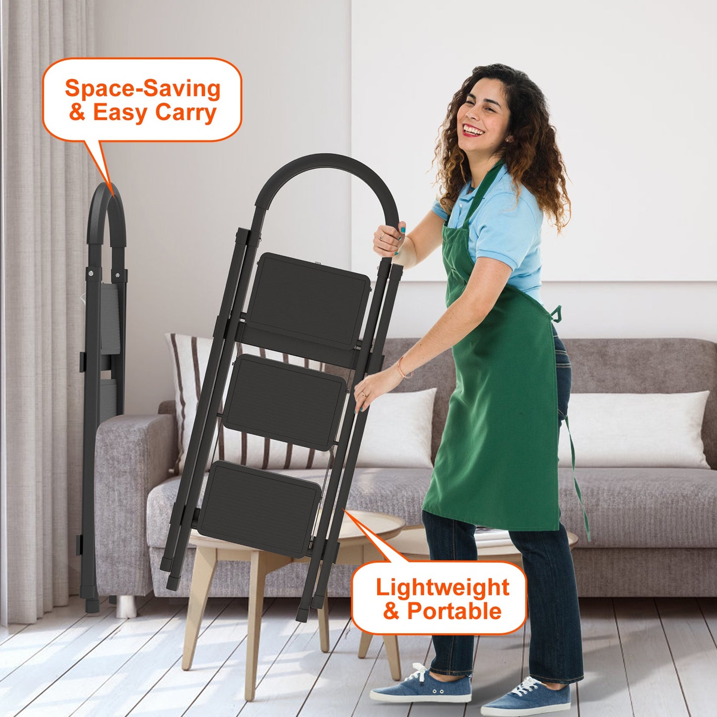 1Pc 3Step Foldable Ladder With Wide Anti-Slip Pedal Safety Locking Design Soft Handgrip Portable Lightweight Folding Step Stool 330LBS Load Capacity For Household Kitchen Office
