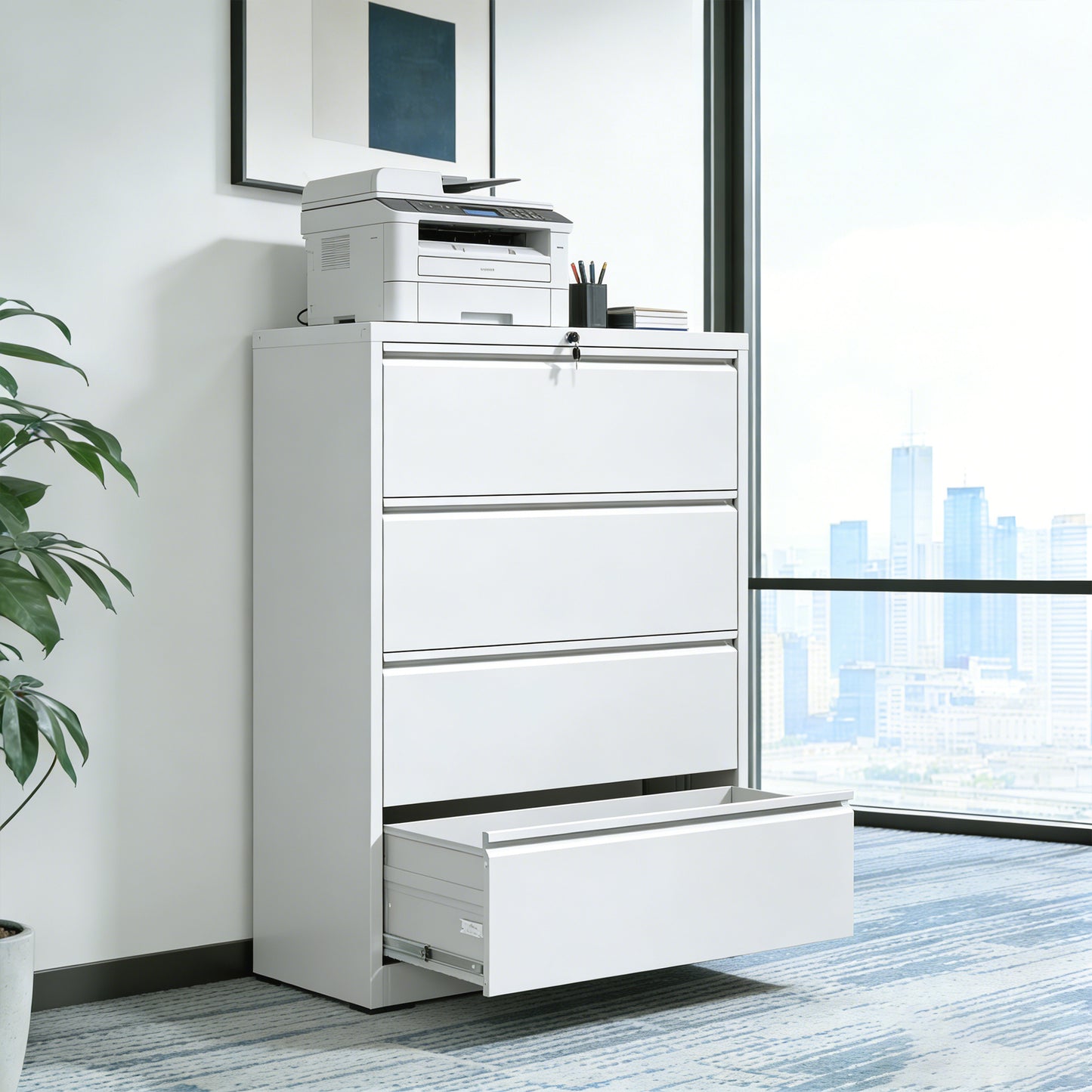 4 Drawer Lateral File Cabinet, Heavy Duty Metal Filing Cabinet, 35.4 Inch Wide Locking File Cabinet For Home Office, Space-Saving Vertical Storage With Anti-Tip Interlock, For Letter Legal A4 Files