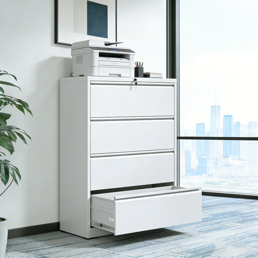4 Drawer Lateral File Cabinet, Heavy Duty Metal Filing Cabinet, 35.4 Inch Wide Locking File Cabinet For Home Office, Space-Saving Vertical Storage With Anti-Tip Interlock, For Letter Legal A4 Files