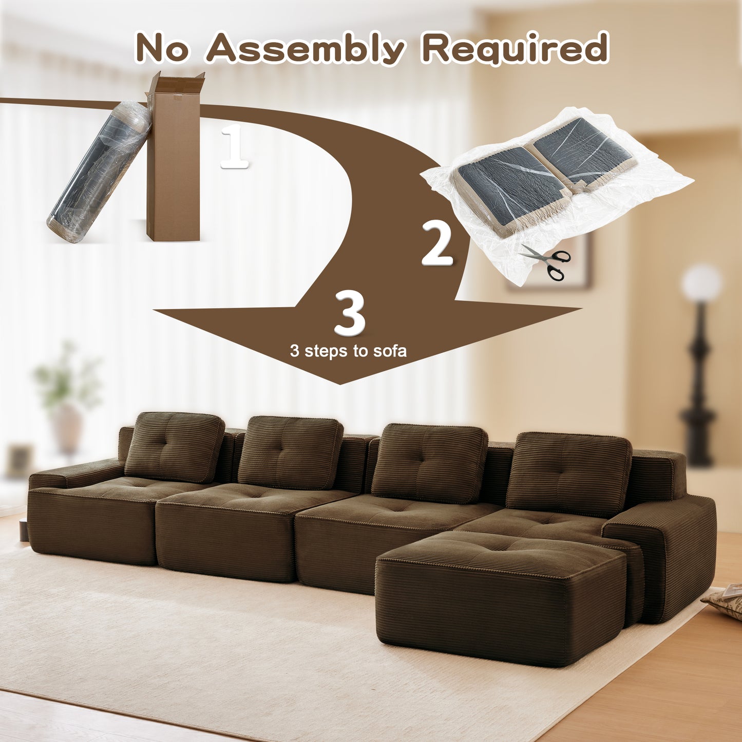 153 Modern L-Shaped Modular Sectional Sofa For Living Room, Corduroy Fabric, 4-Seater Couch With Deep Seat And Movable Ottoman, Pearl-like Piping, Tufted Design, No Assembly, Anti-slip Design,Brown