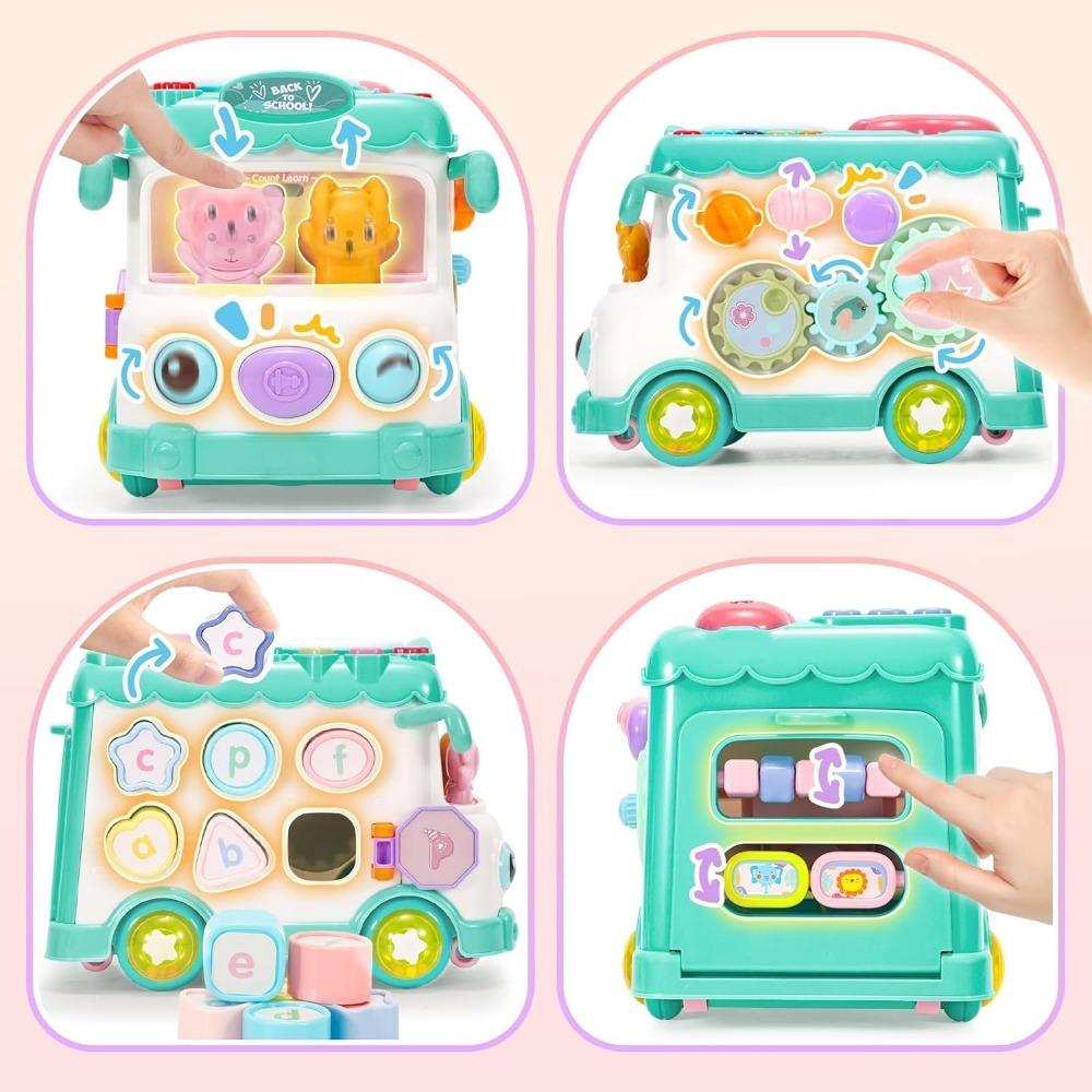 Baby Activity Bus Toy Set 6-in-1 Multifunctional Musical Learning Bus Includes Mini Car & Building Blocks Early Educational Toy For Toddlers Ages 1-3