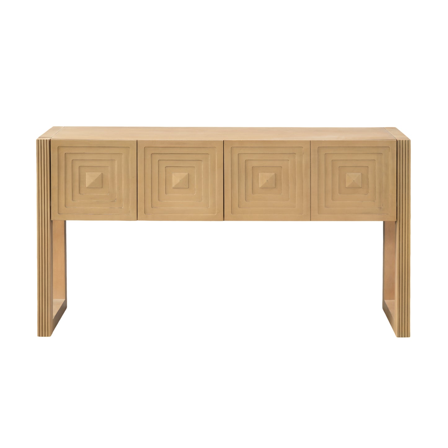 Video  Geometric Carved Console Table With 3 Soft-Close Drawers, Fluted Leg Details, Entryway Sofa Table For Living Room Hallway, Light Brown
