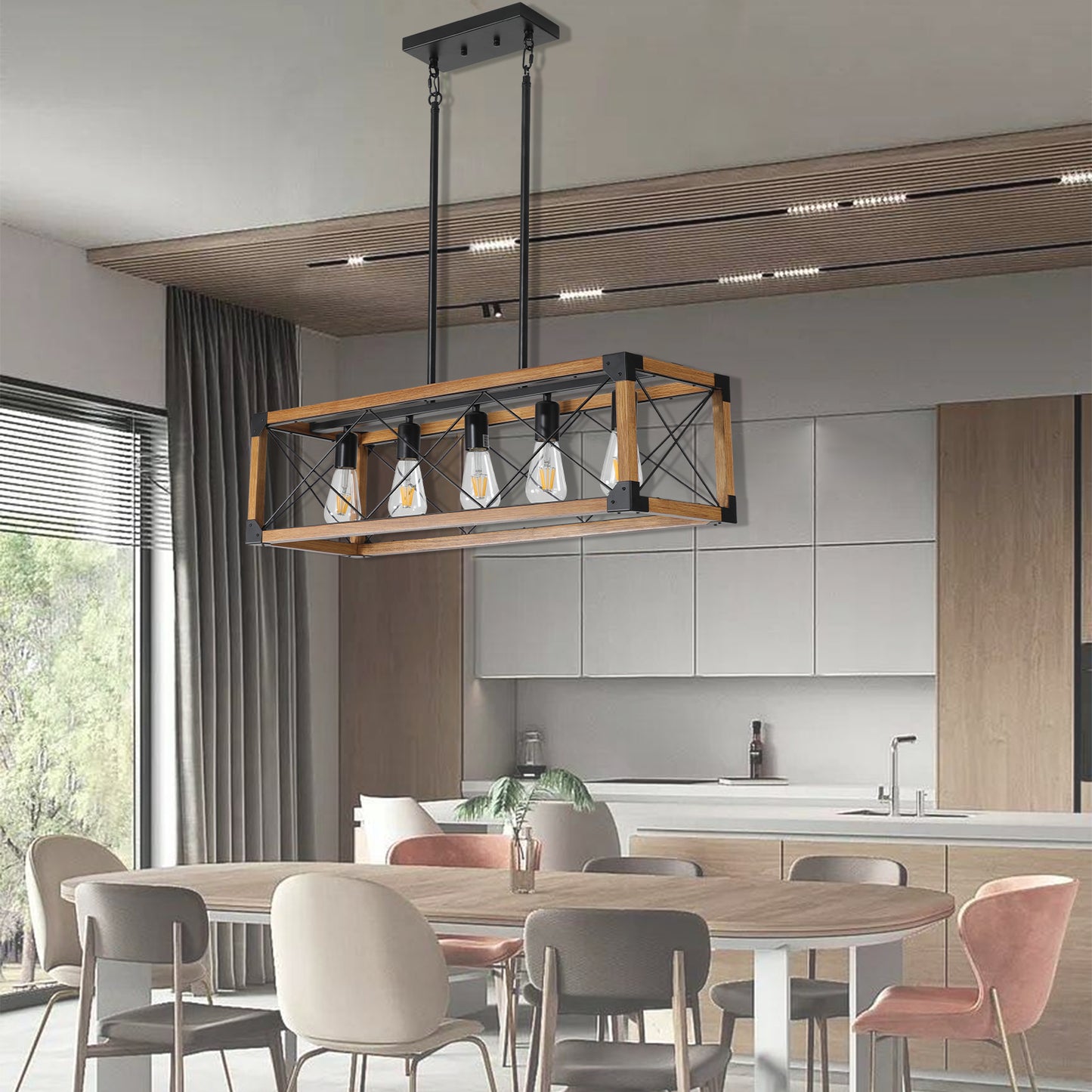 Same As W1340111207 L1011 32  Walnut Industrial Farmhouse Rectangle Pendant Light, 5-Light Chandelier For Dining Room, Kitchen Island, Cafe Decor No Bulbs