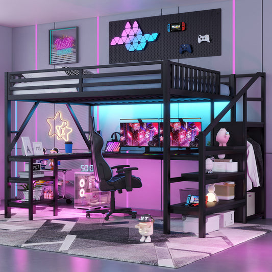Metal Queen Loft Bed With Wardrobe And LED Light, Queen Size Loft Bed With L Shaped Desk And USB For Kids Teens Adults, BlackOld SKU W2593S00043,Expect Arrival Date 2026 3 7