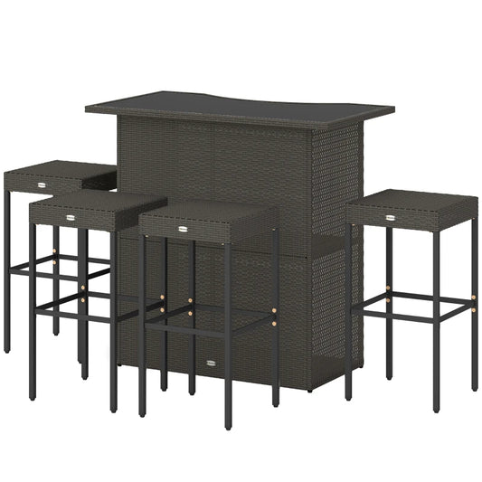 5 Piece Rattan Wicker Bar Set, High Top Outdoor Table And Chairs, Bar Height Patio Set, 2 Shelves & 4 Bar Stools, Brown