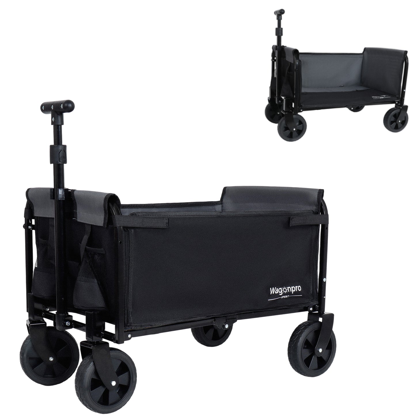 All- In- One Convertible Folding Camping Wagon Cart  Bench Seat  Storage Compartment & Included Dog Tether  Black Gray