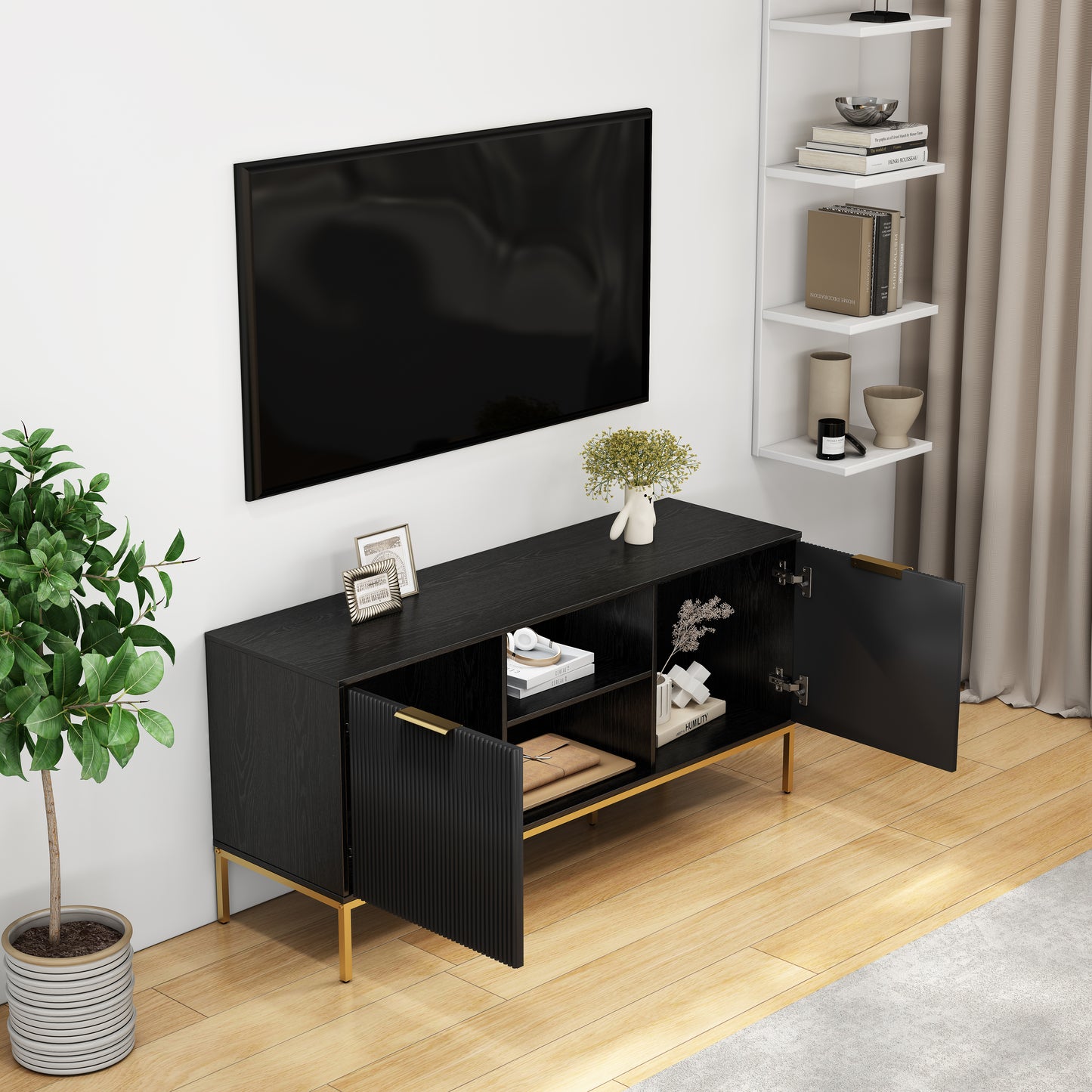 Modern TV Stand With Wave-Design Doors,Golden Legs And Handles ,Soft-Close Hinges,Open Shelf & Adjustable Shelf - Stylish And Functional For Your Living Room,Easy Assemble,Black Gold