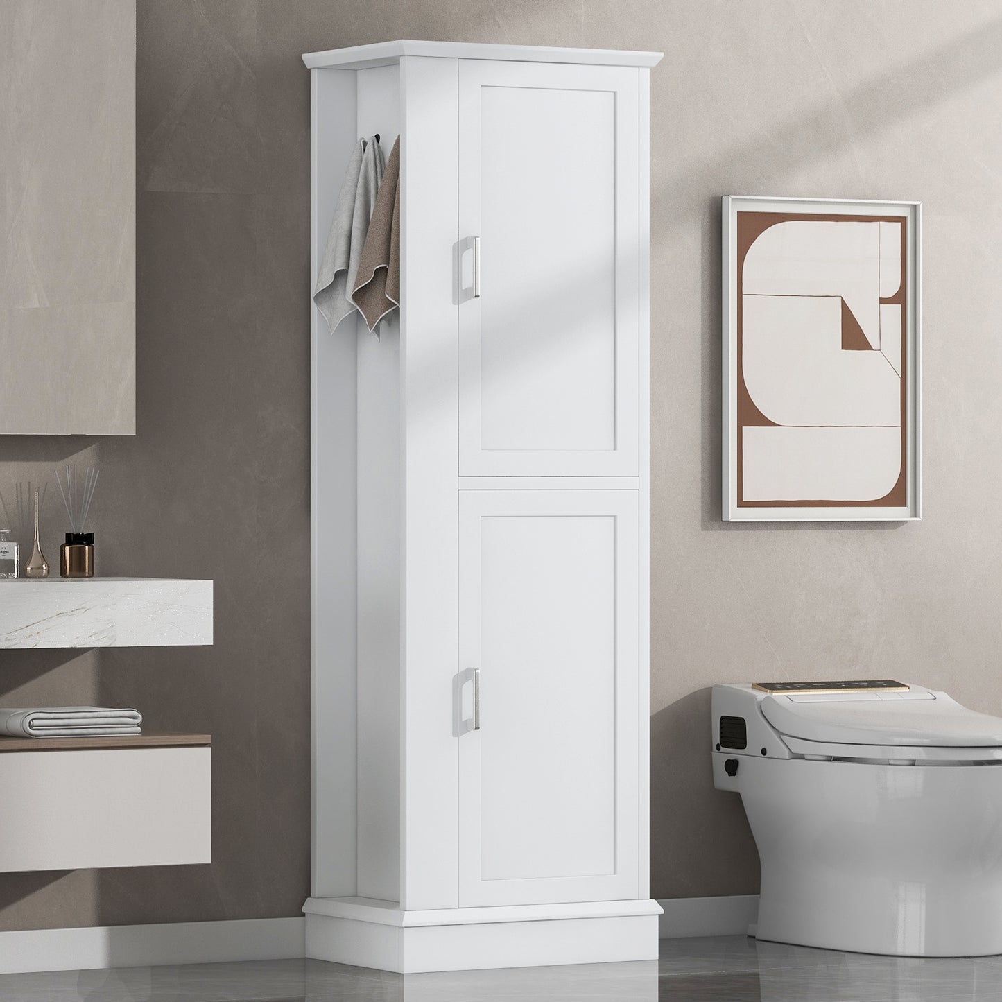 Tall Bathroom Storage Cabinet, Freestanding Storage Cabinet With Hook And Adjustable Shelf, MDF Board, White