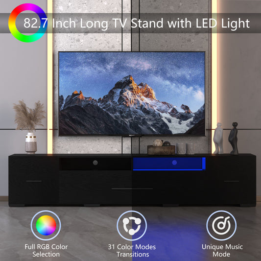 Video TV Console With Storage Cabinets, Remote, APP Control Long LED TV Stand, Full RGB Color Selection, 31 Modes Changing Lights Modern Entertainment Center With Power Cord Black, For 80 Inches