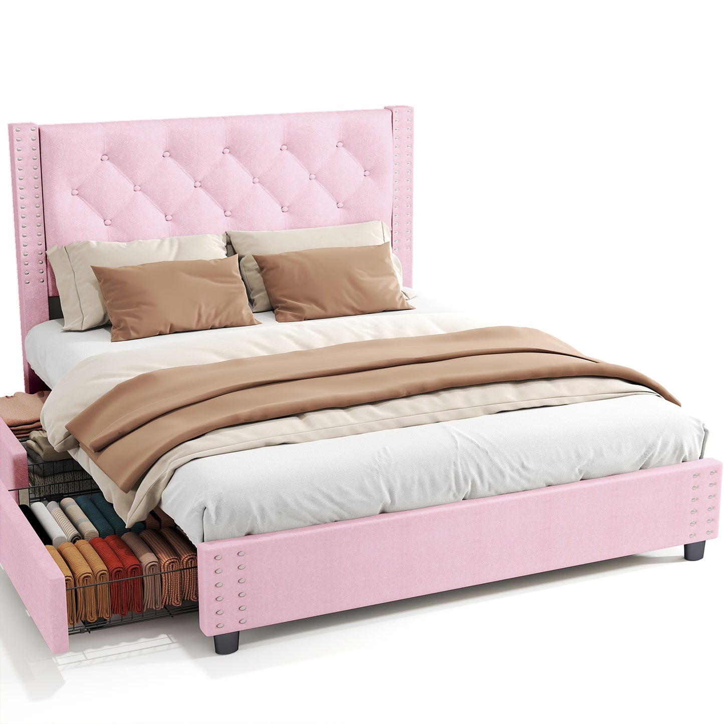 Full Size Bed Frame With Upholstered Button Tufted Headboard Wood Slat Support Metal Platform Bed Frame With 4 Drawers No Box Spring Needed Easy Assembly For Home