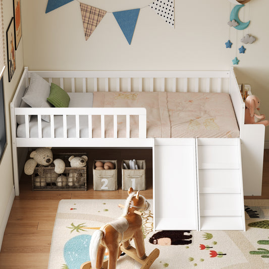 Twin Bed Frame With Storage Shelf, Wooden Bed Frame With Slide And Ladder,Platform Twin Size Bed With Guardrail, No Box Spring Needed, Easy Assembly, White