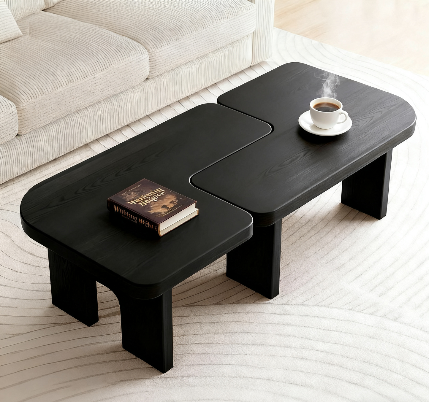 Modern Black Wooden Nesting Coffee Table Set, 70.86  Extendable Splicing Center Table For Living Room, Space - Saving Accent Furniture With Smooth Surface