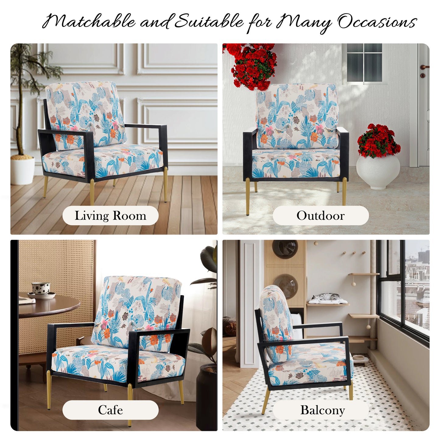 Floral Accent Chair, Velvet Lounge Arm Chair With Solid Wood Frame, Upholstered Living Room Chairs With Metal Legs For Reading Chair For Balcony, Living Room And Bedroom, Blue