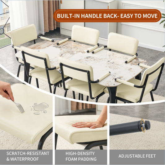 Dining Chairs Set Of 4, Huggable Upholstered Dining Chairs With Premium Leather, Table-Hangable Armrests, Metal Legs With Spray Coating Finish  Off-White, Set Of 4