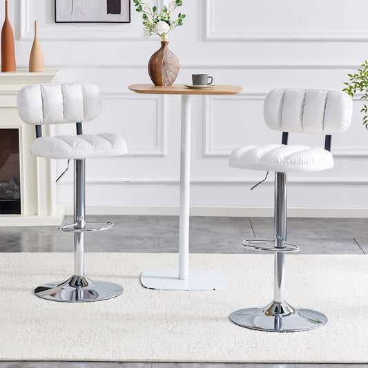 Set Of 2 Adjustable Height Bar Stools, White PU Leather Upholstered With Chrome Base & Footrest, Modern Comfort Stools For Kitchen Island, Home Bar, Living Room
