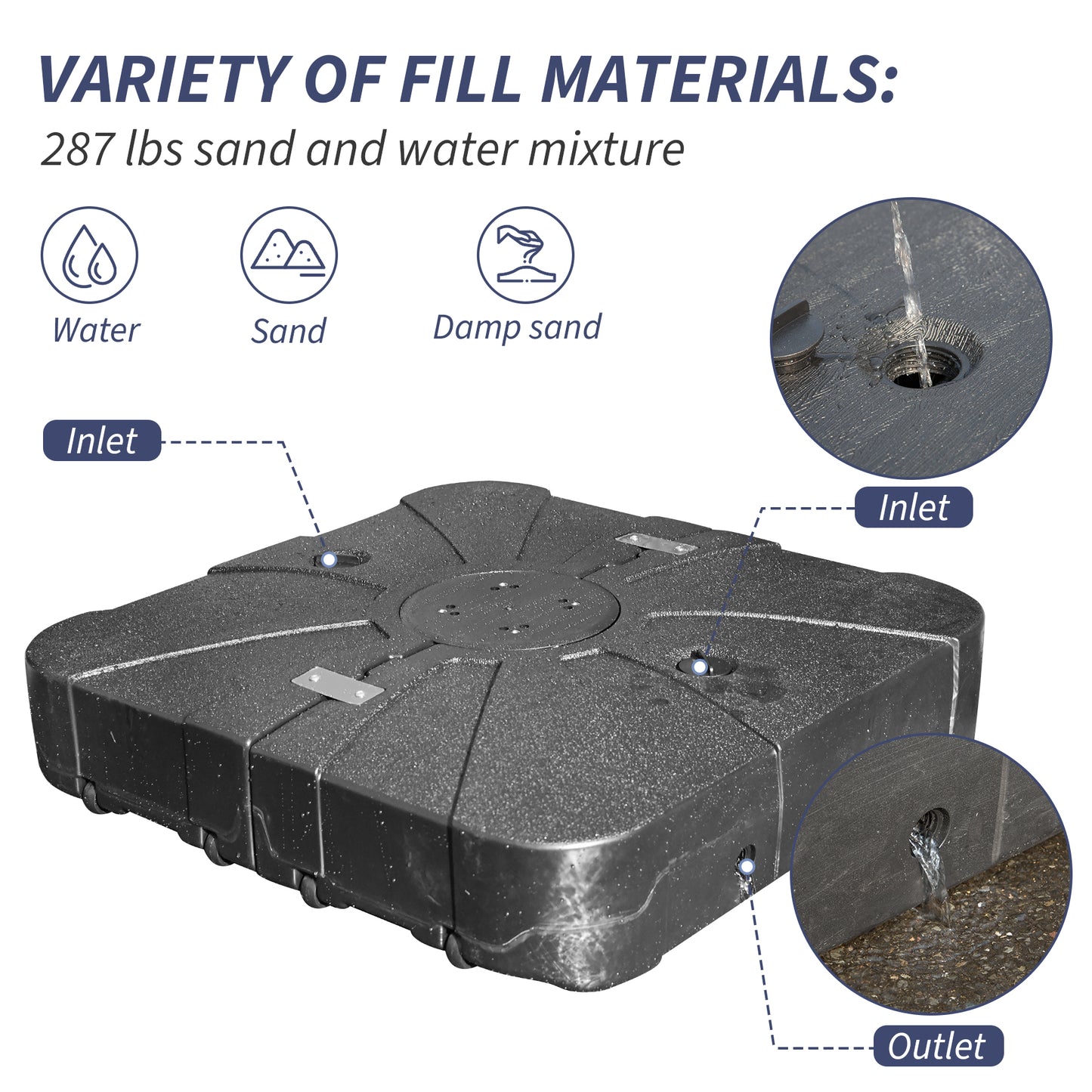 Patio Umbrella Base With Wheels, Water & Sand Filled Weighted Base For Most Cantilever Offset Umbrella, 260LBS, Square  Black ,34   X 34