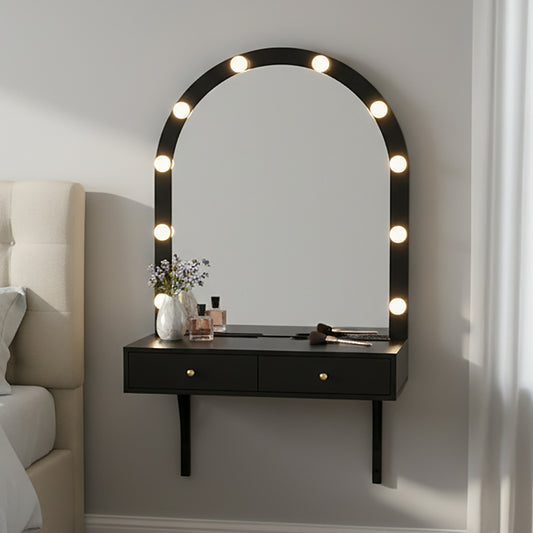 Floating Wall Mounted Makeup Vanity Desk With LED Mirror 3 Color Lights, Compact Dressing Table With Power Outlet & USB Charging, Space Saving Large Storage Vanity For Bedroom Bathroom, Black