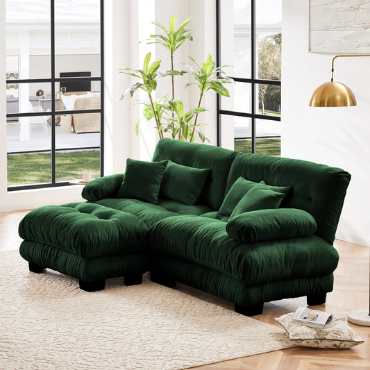 Cloud Couch Sectional Sofa For Living Room, Chenille 2 Seater Sofa With 2 Lumbar Pillows And 2 Throw Pillows , Upholstered Wide Arm Sofa With Convertible Ottoman,Chenille Green