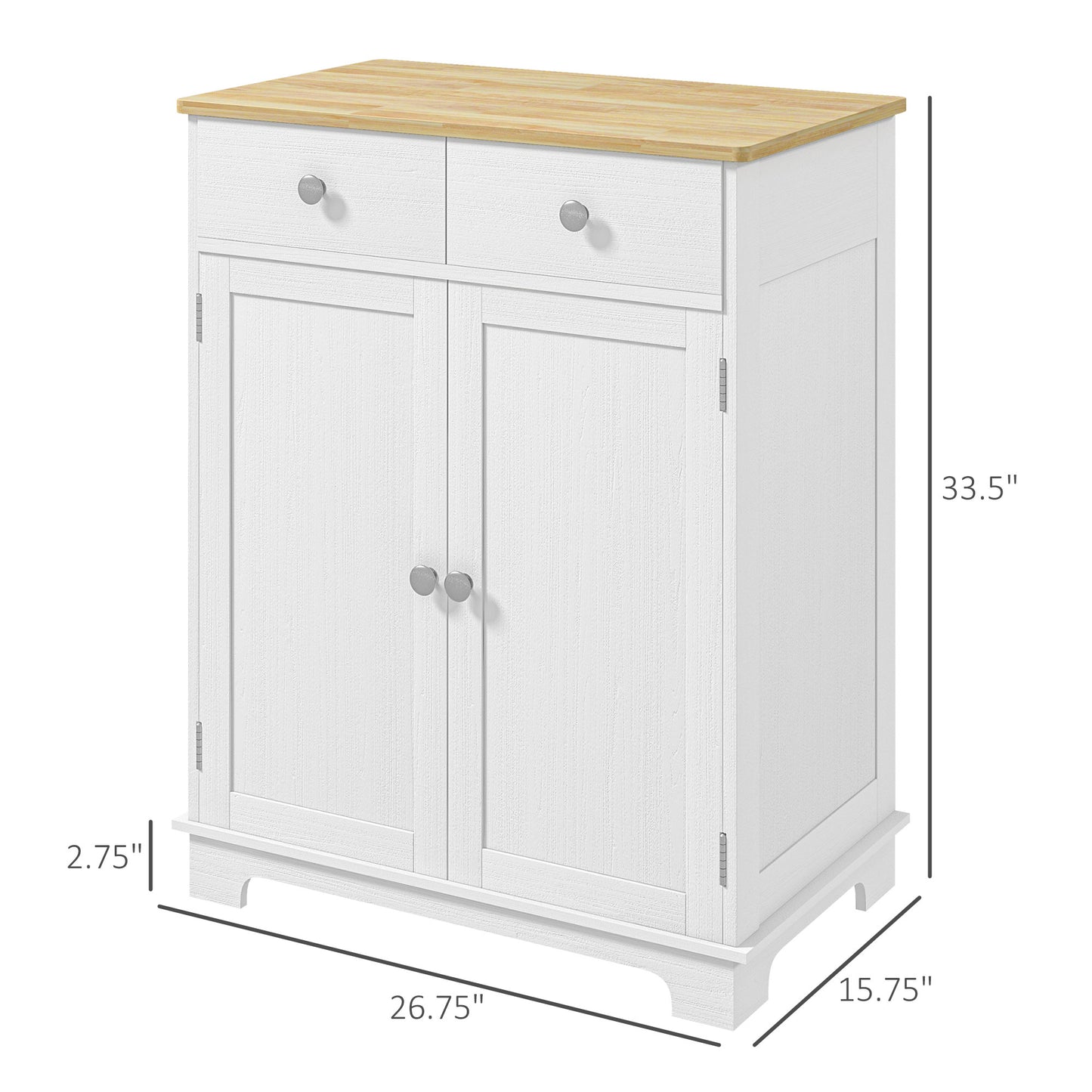 Kitchen Storage Cabinet, Sideboard Floor Cupboard With Solid Wood Top, Adjustable Shelf, And 2 Drawers, Distressed White