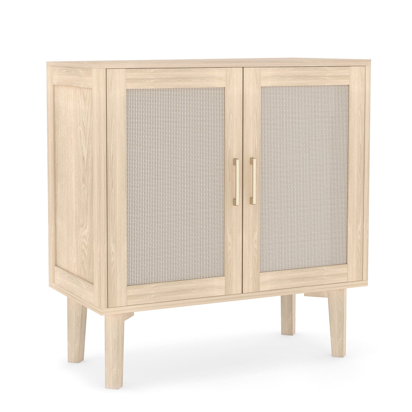 Buffet Cabinet With Rattan Decor Doors Solid Wood Feet Multifunctional Sideboard Cabinet For Dining Room Kitchen Light Oak