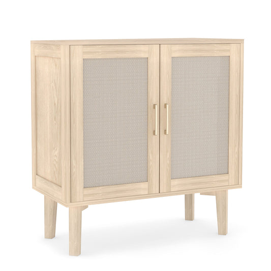 Buffet Cabinet With Rattan Decor Doors Solid Wood Feet Multifunctional Sideboard Cabinet For Dining Room Kitchen Light Oak