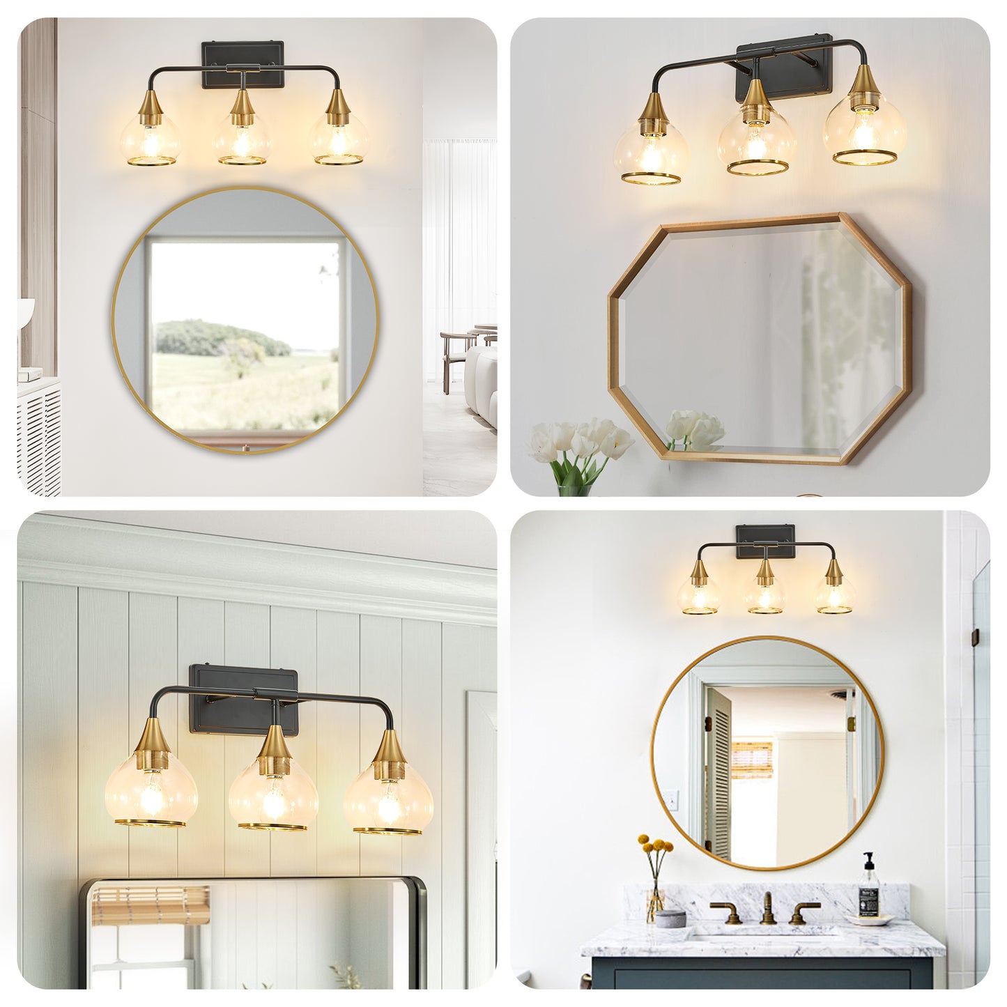 23in Modern 3-Light Vanity Wall Sconce - Black And Gold Bathroom Light Fixture With Clear Glass Shades, Industrial Wall Mounted Lamp For Mirror, Vanity, And Living Spaces Bulb Not Included