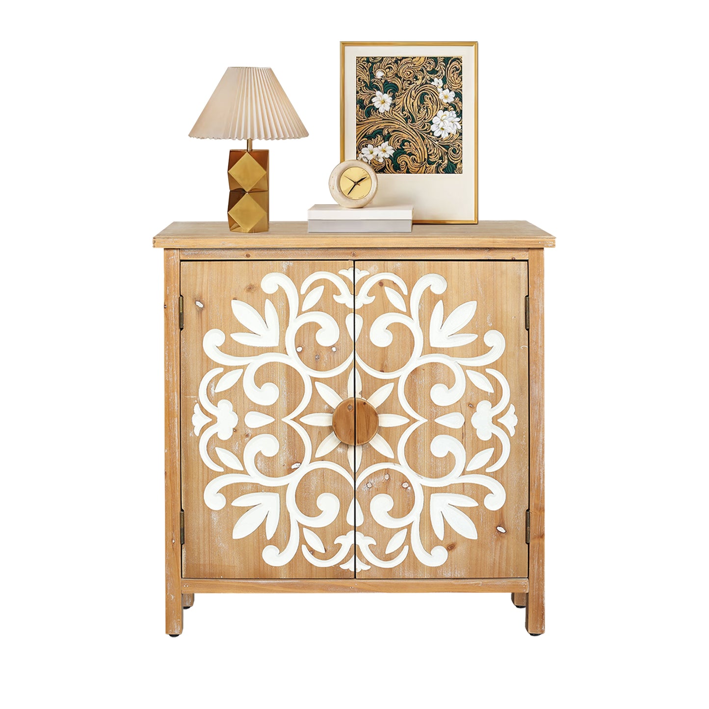 Rustic Wooden Accent Cabinet With Floral Carved Doors, 2 - Door Storage Cabinet For Living Room, Entryway, Dining Room