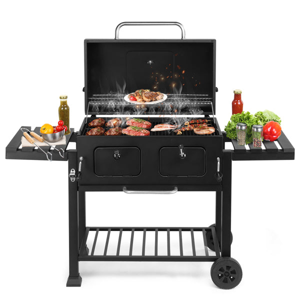 Charcoal Grill Outdoor BBQ Grill, Extra Large Cooking Area With Two Individual & Adjustable Charcoal Doors, Foldable Side Tables For Outdoor Cooking, Backyard, Camping, Picnics