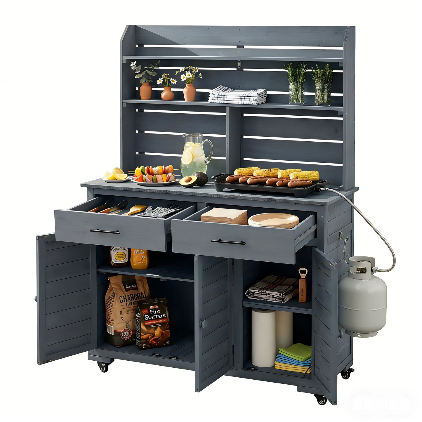 Assembly Video  TOPMAx 65 H Large Garden Potting Bench With Lockable Wheels And Storage Cabinet  Wood Outdoor Kitchen Island Prep Cart With Hutch Top  Drawers And Removal Shelves For Grilling  Gray