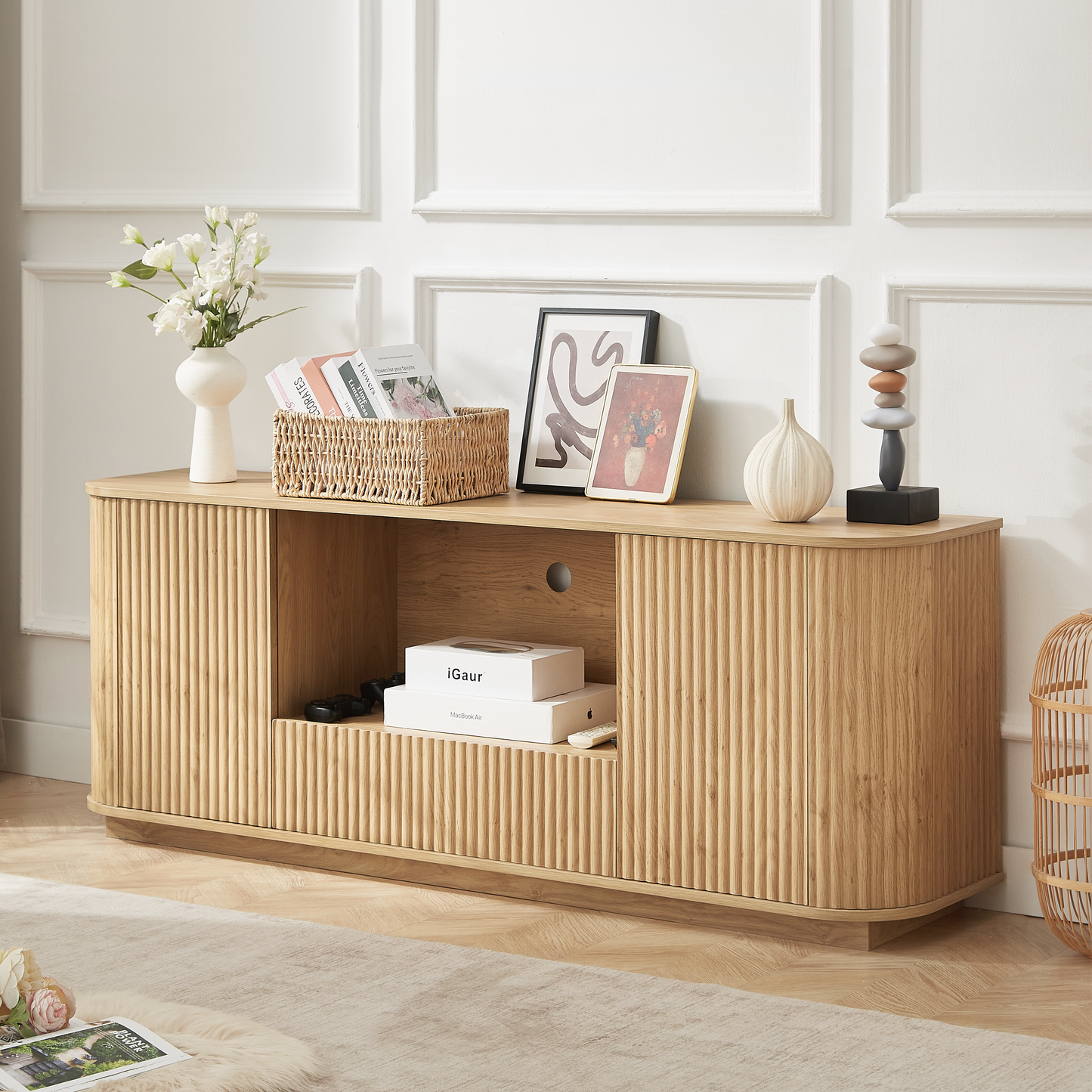 64-Inch Wavy TV Stand, Rounded Sideboard, Storage Cabinet, Wooden Vertical Stripe Cabinet For Living Room Bedroom Entryway. Natural,64''W X 15''D X 24''H.