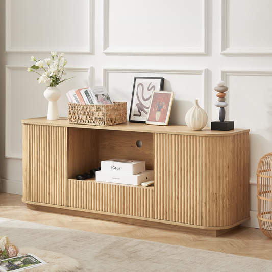 64-Inch Wavy TV Stand, Rounded Sideboard, Storage Cabinet, Wooden Vertical Stripe Cabinet For Living Room Bedroom Entryway. Natural,64''W X 15''D X 24''H.