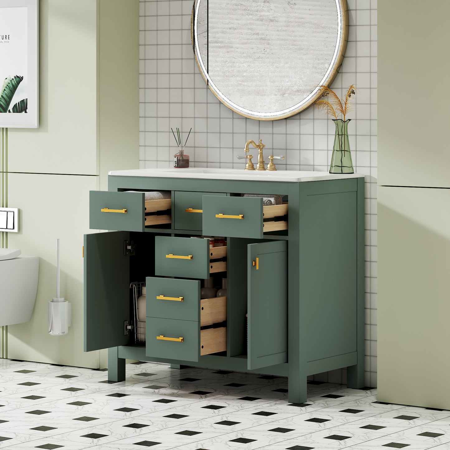 36'' Bathroom Vanity With Ceramic Sink Combo Set, Modern Freestanding Single Bathroom Cabinet With 4 Drawers & 2 Cabinets,Storage Cabinet For Bathroom, Solid Wood Frame Vanity Set, Green