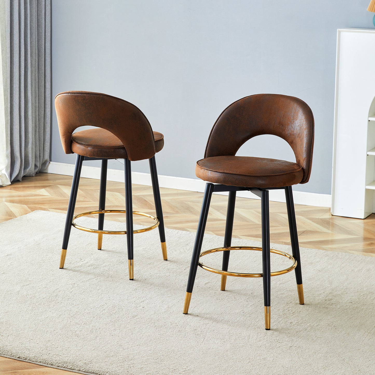 360  Rotatable Bar Chair.Overall Height 36 Inches.Modern Echnology-Fabric Brown Upholstered Bar Chair With Beautiful Black Metal Legs For Dining Room, Kitchen, Terrace And Guest Office Chair.Set Of 2.