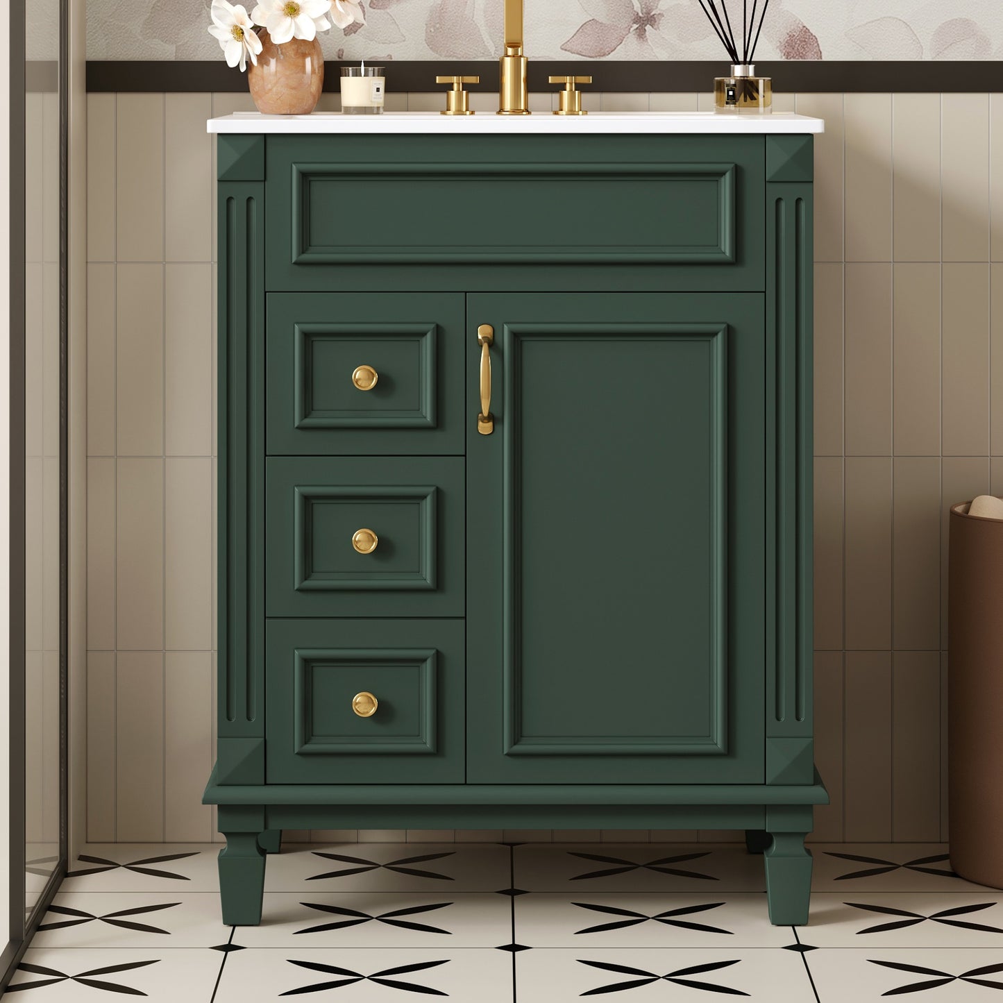 24   Bathroom Vanity With Ceramic Sink, Small Bathroom Sink Cabinet, Modern Cabinet With 2 Drawers And Adjustable Shelf