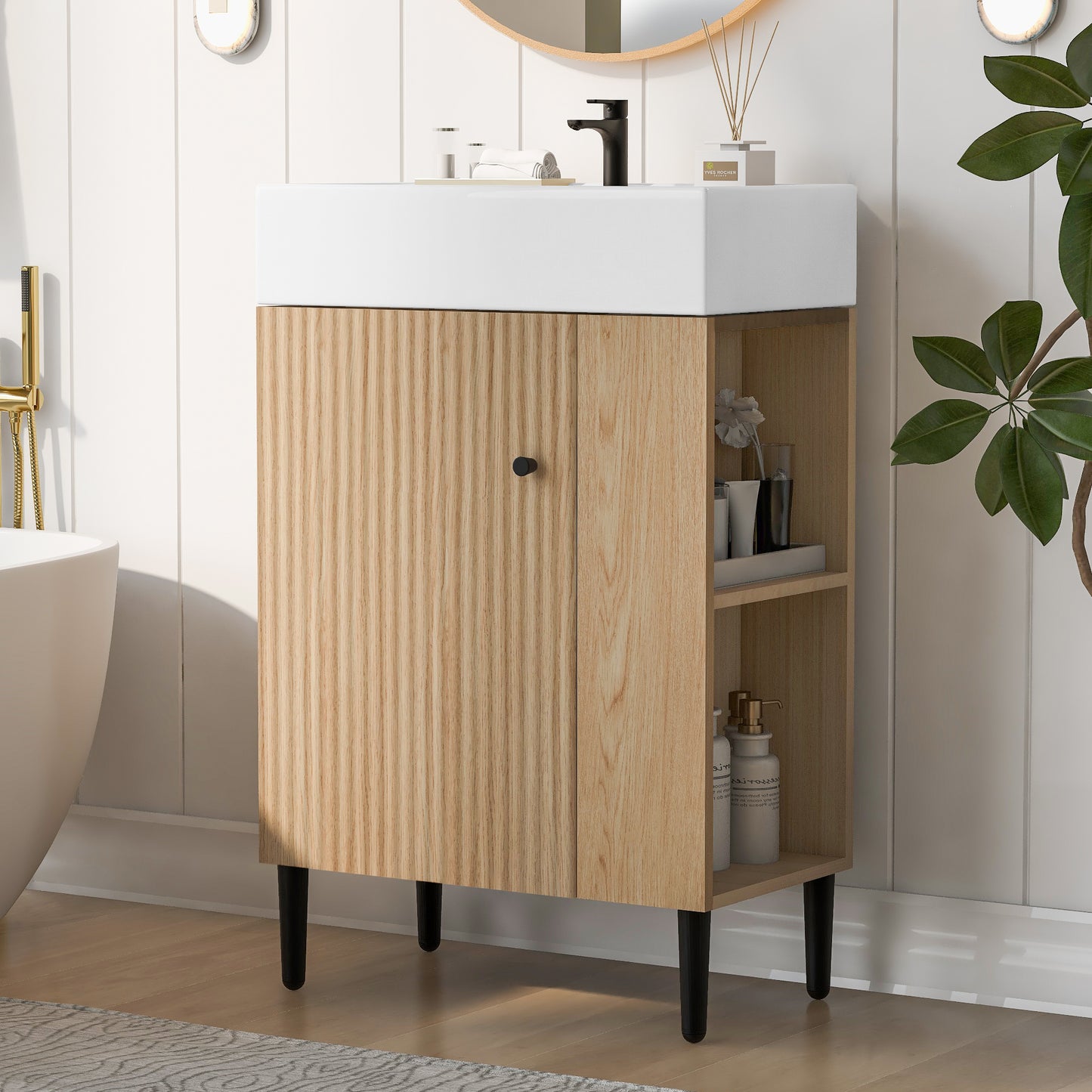 21.6  Wood Bathroom Vanity, Combo Cabinet, Bathroom Storage Cabinet, Single Ceramic Sink, Right Side Storage
