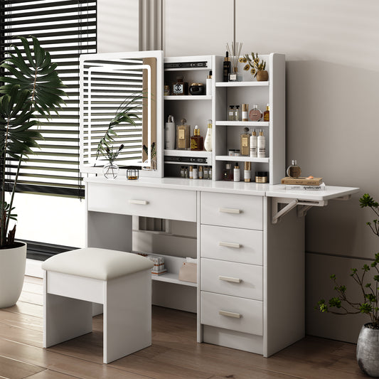 Fashion Vanity Desk With Mirror And Lights For Makeup With Open Shelves And Chair, Vanity Mirror With Lights And Table Set With 3 Color Lighting Brightness Adjustable, 5 Drawers, White Color