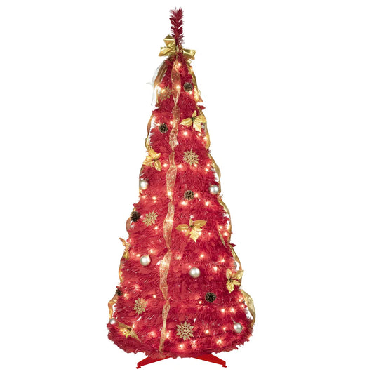 Artificial 6ft Red Pop-Up Christmas Tree With 150 Lights,4 Ribbons,1 Large Bow,12 Christmas Flowers,12 Snowflakes,12 Pine Cones,12 60MM Balls Indoor Holiday Decorating