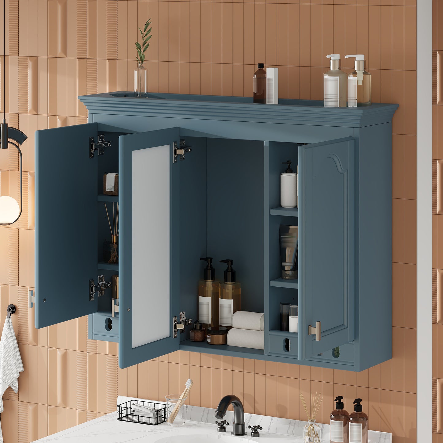 35 Inch Wall-Mount All-in-One Mirror Cabinet With Adjustable Shelves, Soft-Closing Hinges, For Bathroom Vanity, Living Room, Bedroom Storage Organizer