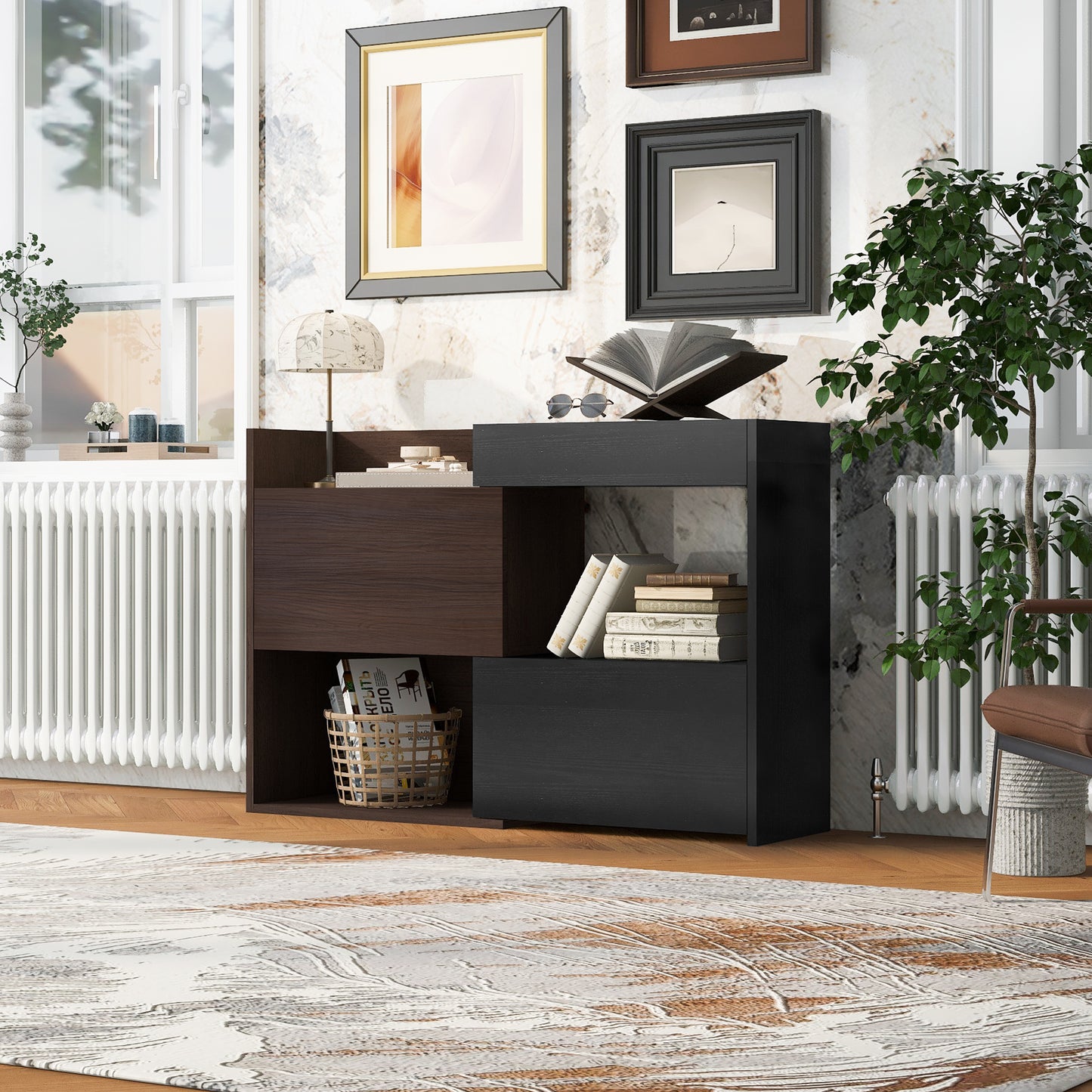 32.5 -58.8 W 40 H Multifuctional Storage Cabinet, Buffet Sideboard Cabinet With Drawer, Corner Cabinet For 44 H Window Decor, Livingroom, Hallway, Entryway, Kitchen & Office  - Black & Walnut
