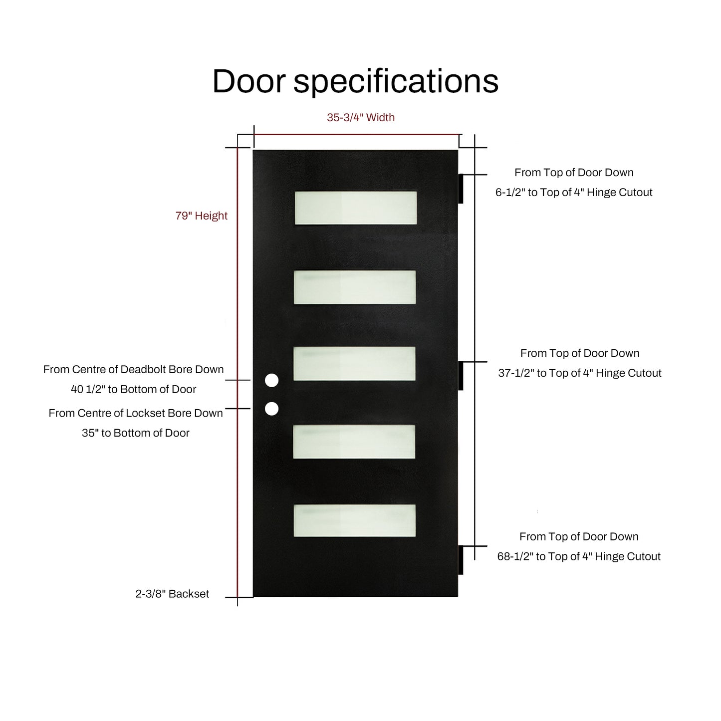 36 X 80 Fiberglass Entry Door With Brickmould, Frosted Glass, Black Finished Knock-Down Fiberglass Door - Contemporary Style For Home's Front Entrance, Right Hand Inswing With 4-9-16 White Vinyl Frame