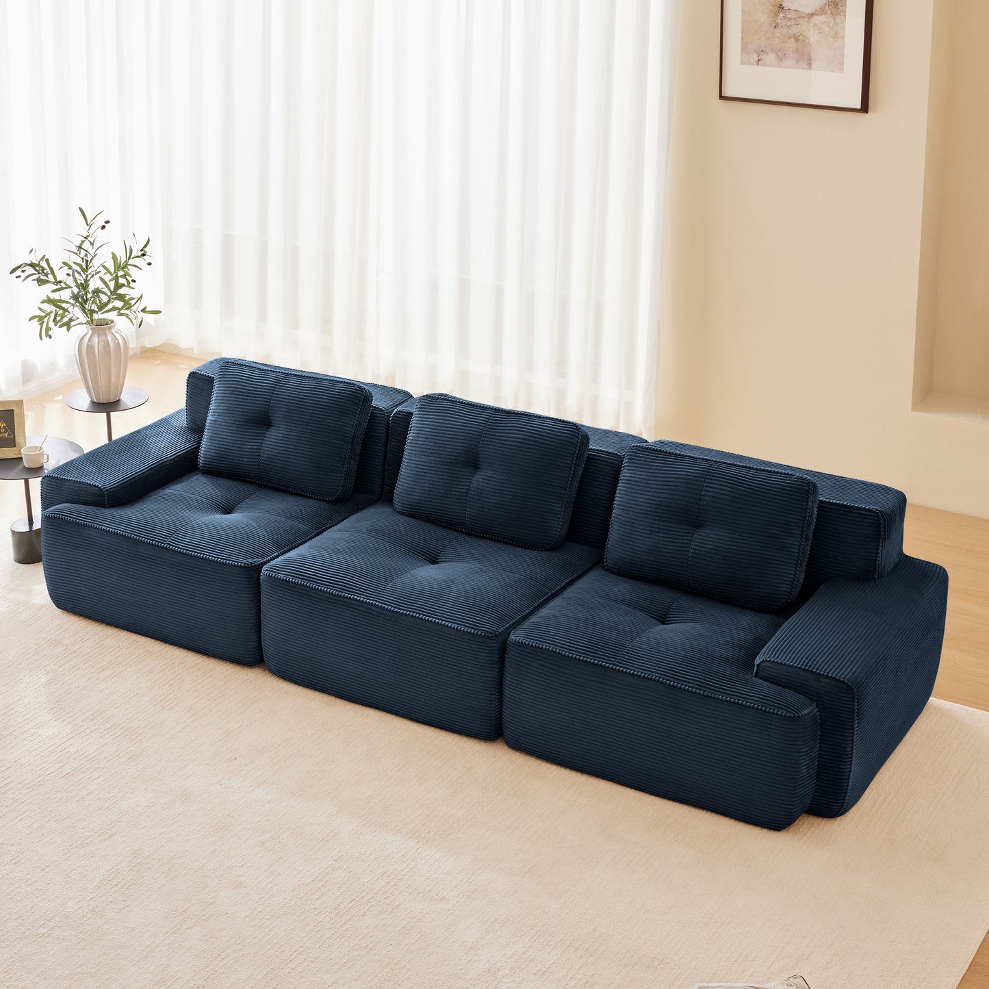 117 Modern Modular Sectional Sofa For Living Room, Corduroy Fabric,Oversized 3-Seater Couch With Deep Seat, Pearl-like Piping, Tufted Design,Buckle Connection,No Assembly,Anti-slip Design,Blue