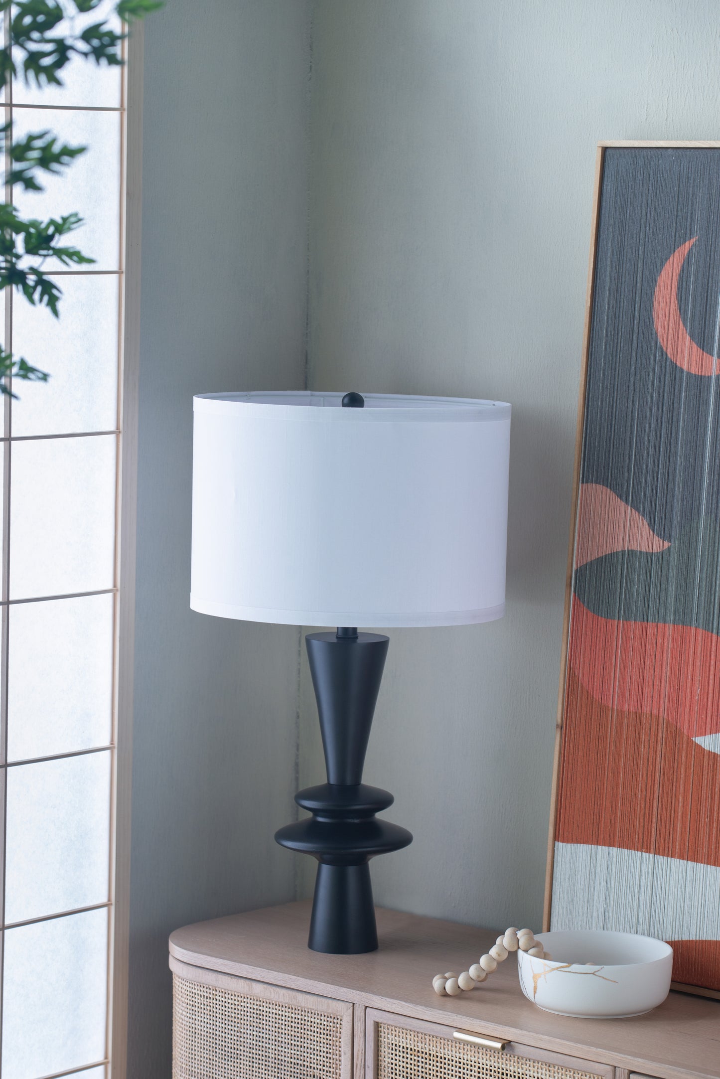 D15x26.7  Black Aluminum Table Lamp With Two Varying Round Accents And White Drum Shade Lamp Shade Assembly Required