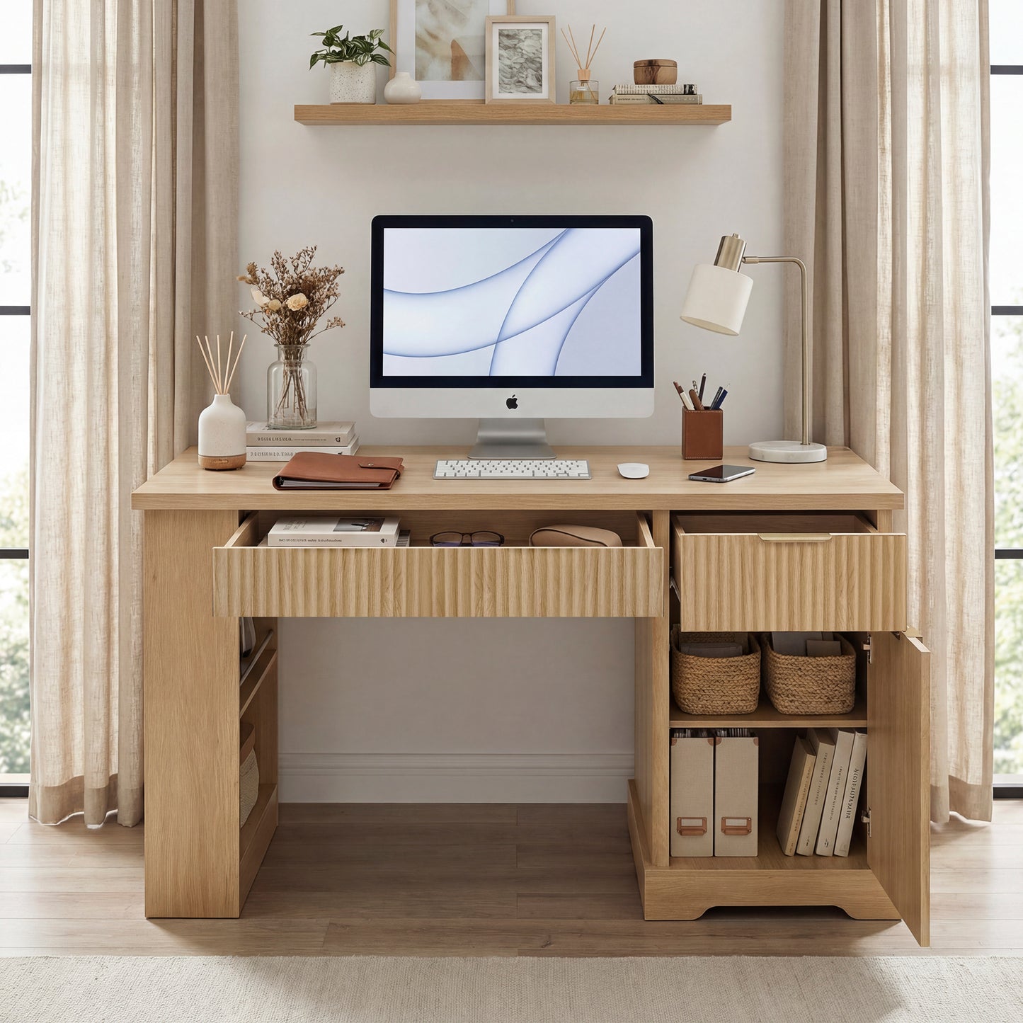 55  Modern Fluted Office Desk With Storage Cabinet & Drawers, Computer Writing Desk With Power Outlet, Pegboard, Built-in Shelves And Keyboard Tray For Study, Living Room, Home Office, Light Oak