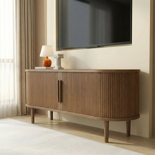 63in Fluted TV Stand Modern Media Console Table Entertainment Center With Sliding Door And Solid Wood Legs For Living Room Bedroom Office