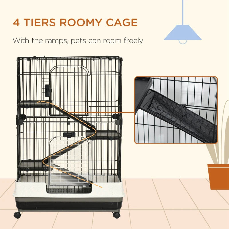 4-Level Small Animal Cage Rabbit Hutch With Universal Lockable Wheels, Slide-out Tray For Bunny, Chinchillas, Ferret, Black