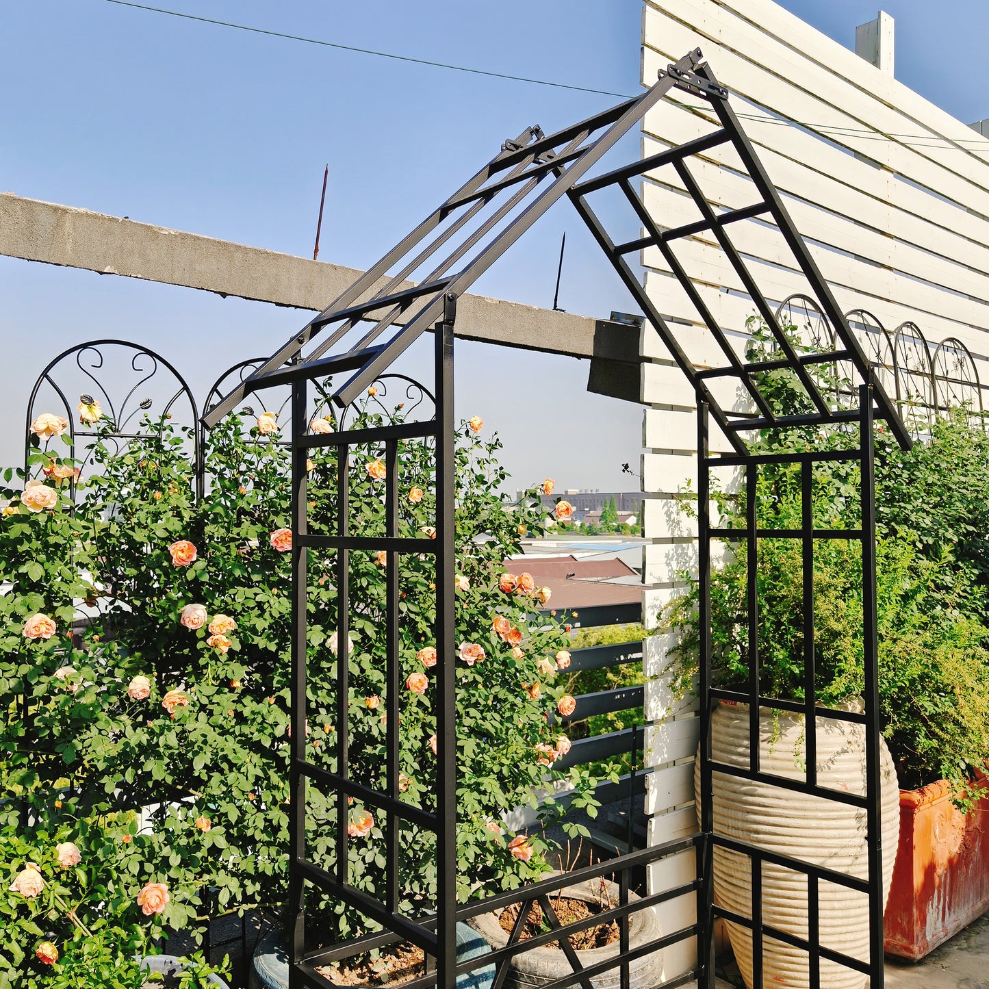 Metal Garden Arch With Bench Turned Into Flower Stand W58.07xH97.24 Climbing Plants Support Rose Arch Outdoor Black
